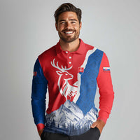 Slovakia – Red Blue Deer and Mountain Design Long Sleeve Polo Shirt with National Symbols