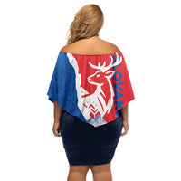 Slovakia – Red Blue Deer and Mountain Design Off Shoulder Short Dress with National Symbols