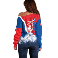 Slovakia – Red Blue Deer and Mountain Design Off Shoulder Sweater with National Symbols
