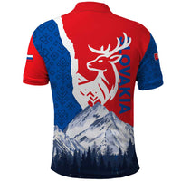 Slovakia – Red Blue Deer and Mountain Design Polo Shirt with National Symbols
