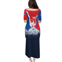 Slovakia – Red Blue Deer and Mountain Design Puletasi with National Symbols