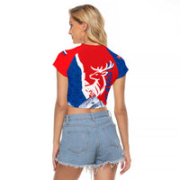 Slovakia – Red Blue Deer and Mountain Design Raglan Cropped T Shirt with National Symbols