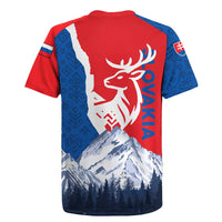 Slovakia – Red Blue Deer and Mountain Design Rugby Jersey with National Symbols