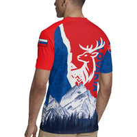 Slovakia – Red Blue Deer and Mountain Design Rugby Jersey with National Symbols
