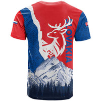 Slovakia – Red Blue Deer and Mountain Design T Shirt with National Symbols