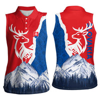 Slovakia – Red Blue Deer and Mountain Design Women Sleeveless Polo Shirt with National Symbols