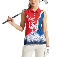 Slovakia – Red Blue Deer and Mountain Design Women Sleeveless Polo Shirt with National Symbols