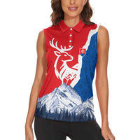 Slovakia – Red Blue Deer and Mountain Design Women Sleeveless Polo Shirt with National Symbols