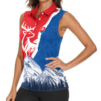 Slovakia – Red Blue Deer and Mountain Design Women Sleeveless Polo Shirt with National Symbols