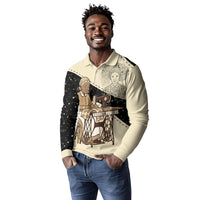 Harriet Powers Celestial Mystery Long Sleeve Polo Shirt Vintage Line Art - African American Folk Quilt Pattern