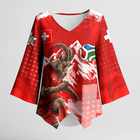 Personalized Switzerland Football Alpine Goat Kimono Sleeve Blouse Swiss Flag Snow Mountain - Soccer Mascot