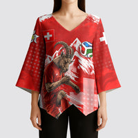 Personalized Switzerland Football Alpine Goat Kimono Sleeve Blouse Swiss Flag Snow Mountain - Soccer Mascot
