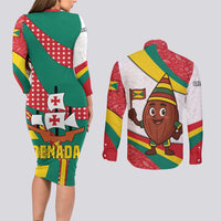 Grenada Couples Matching Long Sleeve Bodycon Dress and Long Sleeve Button Shirt with Cocoa Bean Mascot and National Flag Colors - Wonder Print Shop