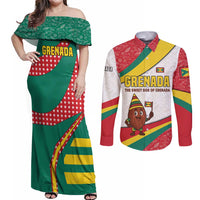 Grenada Couples Matching Off Shoulder Maxi Dress and Long Sleeve Button Shirt with Cocoa Bean Mascot and National Flag Colors - Wonder Print Shop