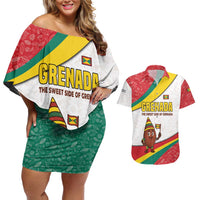 Grenada Couples Matching Off Shoulder Short Dress and Hawaiian Shirt with Cocoa Bean Mascot and National Flag Colors - Wonder Print Shop