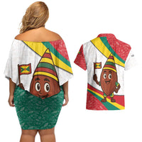 Grenada Couples Matching Off Shoulder Short Dress and Hawaiian Shirt with Cocoa Bean Mascot and National Flag Colors - Wonder Print Shop