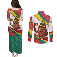 Grenada Couples Matching Puletasi and Long Sleeve Button Shirt with Cocoa Bean Mascot and National Flag Colors - Wonder Print Shop