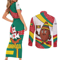 Grenada Couples Matching Short Sleeve Bodycon Dress and Long Sleeve Button Shirt with Cocoa Bean Mascot and National Flag Colors - Wonder Print Shop