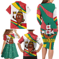 Grenada Family Matching Long Sleeve Bodycon Dress and Hawaiian Shirt with Cocoa Bean Mascot and National Flag Colors - Wonder Print Shop