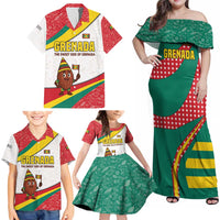 Grenada Family Matching Off Shoulder Maxi Dress and Hawaiian Shirt with Cocoa Bean Mascot and National Flag Colors - Wonder Print Shop