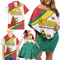 Grenada Family Matching Off Shoulder Short Dress and Hawaiian Shirt with Cocoa Bean Mascot and National Flag Colors - Wonder Print Shop