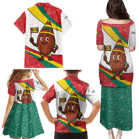 Grenada Family Matching Puletasi and Hawaiian Shirt with Cocoa Bean Mascot and National Flag Colors - Wonder Print Shop