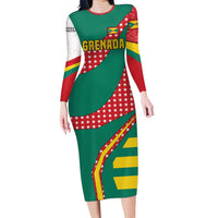 Grenada Long Sleeve Bodycon Dress with Cocoa Bean Mascot and National Flag Colors - Wonder Print Shop