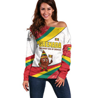 Grenada Off Shoulder Sweater with Cocoa Bean Mascot and National Flag Colors - Wonder Print Shop