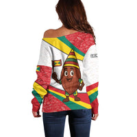 Grenada Off Shoulder Sweater with Cocoa Bean Mascot and National Flag Colors - Wonder Print Shop