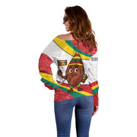 Grenada Off Shoulder Sweater with Cocoa Bean Mascot and National Flag Colors - Wonder Print Shop