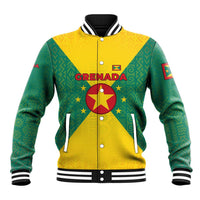 Grenada Coat of Arms Baseball Jacket with Yellow Green Flag Colors and Tribal Pattern Design - Wonder Print Shop