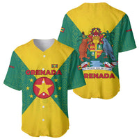 Grenada Coat of Arms Baseball Jersey with Yellow Green Flag Colors and Tribal Pattern Design - Wonder Print Shop