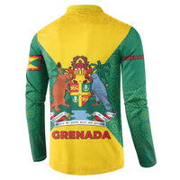 Grenada Coat of Arms Button Sweatshirt with Yellow Green Flag Colors and Tribal Pattern Design - Wonder Print Shop