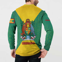 Grenada Coat of Arms Button Sweatshirt with Yellow Green Flag Colors and Tribal Pattern Design - Wonder Print Shop