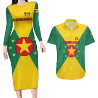 Grenada Coat of Arms Couples Matching Long Sleeve Bodycon Dress and Hawaiian Shirt with Yellow Green Flag Colors and Tribal Pattern Design - Wonder Print Shop