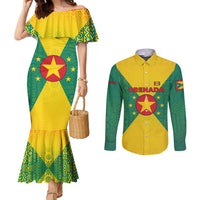 Grenada Coat of Arms Couples Matching Mermaid Dress and Long Sleeve Button Shirt with Yellow Green Flag Colors and Tribal Pattern Design - Wonder Print Shop