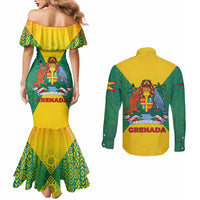 Grenada Coat of Arms Couples Matching Mermaid Dress and Long Sleeve Button Shirt with Yellow Green Flag Colors and Tribal Pattern Design - Wonder Print Shop