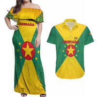 Grenada Coat of Arms Couples Matching Off Shoulder Maxi Dress and Hawaiian Shirt with Yellow Green Flag Colors and Tribal Pattern Design - Wonder Print Shop