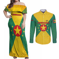 Grenada Coat of Arms Couples Matching Off Shoulder Maxi Dress and Long Sleeve Button Shirt with Yellow Green Flag Colors and Tribal Pattern Design - Wonder Print Shop