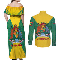 Grenada Coat of Arms Couples Matching Off Shoulder Maxi Dress and Long Sleeve Button Shirt with Yellow Green Flag Colors and Tribal Pattern Design - Wonder Print Shop