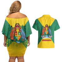 Grenada Coat of Arms Couples Matching Off Shoulder Short Dress and Hawaiian Shirt with Yellow Green Flag Colors and Tribal Pattern Design - Wonder Print Shop