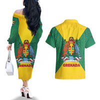 Grenada Coat of Arms Couples Matching Off The Shoulder Long Sleeve Dress and Hawaiian Shirt with Yellow Green Flag Colors and Tribal Pattern Design - Wonder Print Shop