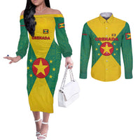 Grenada Coat of Arms Couples Matching Off The Shoulder Long Sleeve Dress and Long Sleeve Button Shirt with Yellow Green Flag Colors and Tribal Pattern Design - Wonder Print Shop