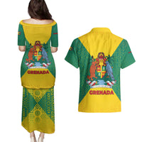 Grenada Coat of Arms Couples Matching Puletasi and Hawaiian Shirt with Yellow Green Flag Colors and Tribal Pattern Design - Wonder Print Shop