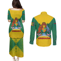 Grenada Coat of Arms Couples Matching Puletasi and Long Sleeve Button Shirt with Yellow Green Flag Colors and Tribal Pattern Design - Wonder Print Shop