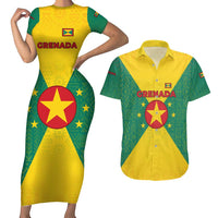 Grenada Coat of Arms Couples Matching Short Sleeve Bodycon Dress and Hawaiian Shirt with Yellow Green Flag Colors and Tribal Pattern Design - Wonder Print Shop