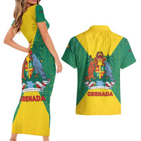 Grenada Coat of Arms Couples Matching Short Sleeve Bodycon Dress and Hawaiian Shirt with Yellow Green Flag Colors and Tribal Pattern Design - Wonder Print Shop