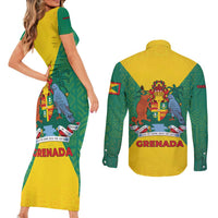 Grenada Coat of Arms Couples Matching Short Sleeve Bodycon Dress and Long Sleeve Button Shirt with Yellow Green Flag Colors and Tribal Pattern Design - Wonder Print Shop