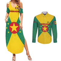 Grenada Coat of Arms Couples Matching Summer Maxi Dress and Long Sleeve Button Shirt with Yellow Green Flag Colors and Tribal Pattern Design - Wonder Print Shop
