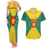 Grenada Coat of Arms Couples Matching Tank Maxi Dress and Hawaiian Shirt with Yellow Green Flag Colors and Tribal Pattern Design - Wonder Print Shop